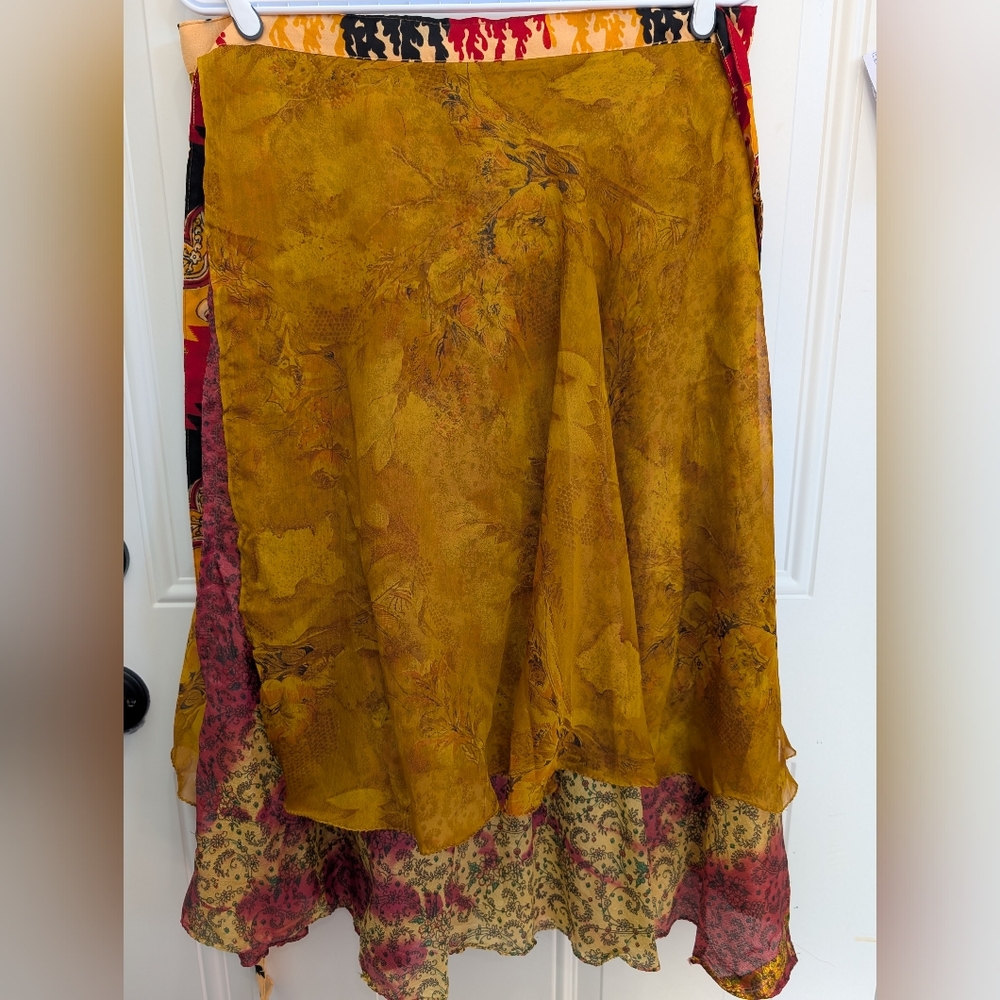 Kariza Wrap Around Floral Mustard and Red Midi Skirt Silk/Rayon